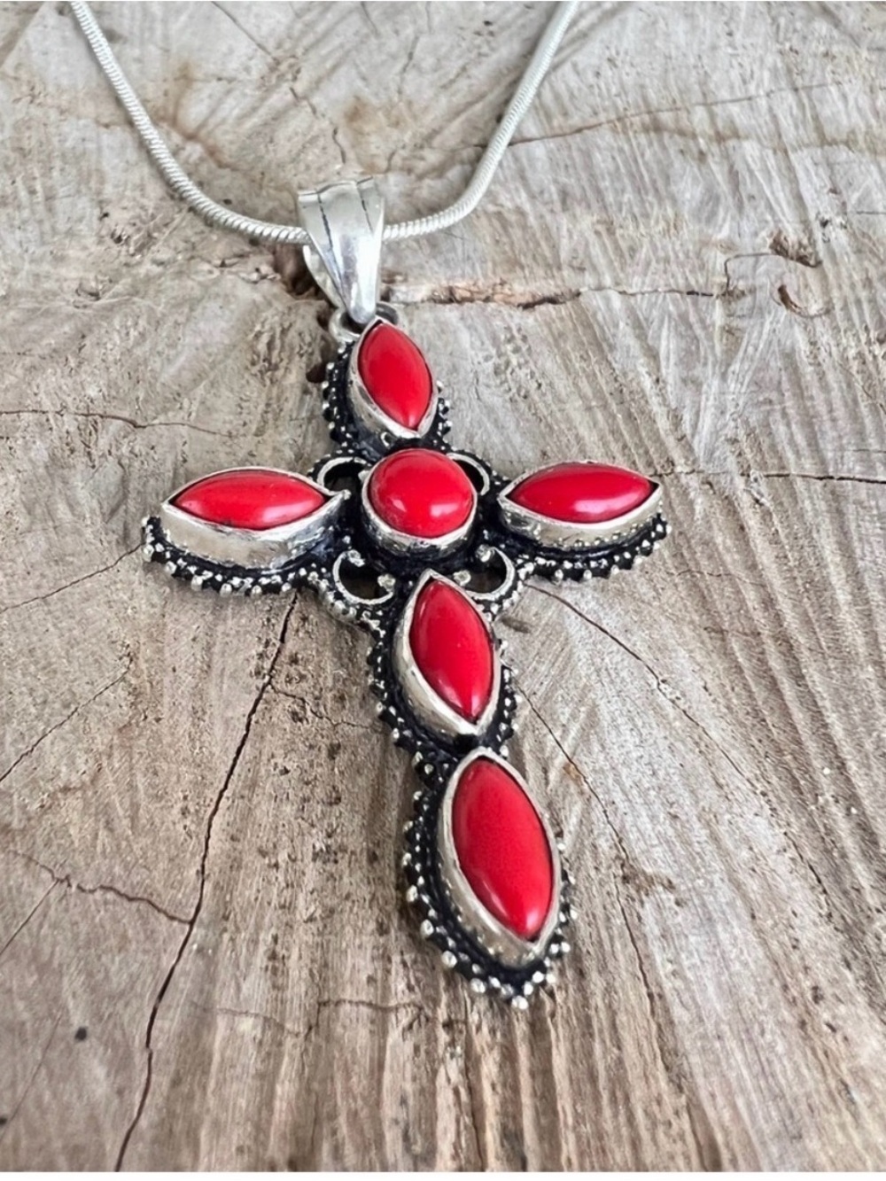 Vintage 925 Sterling Silver Red Coral Cross Pendant Necklace Boho Western